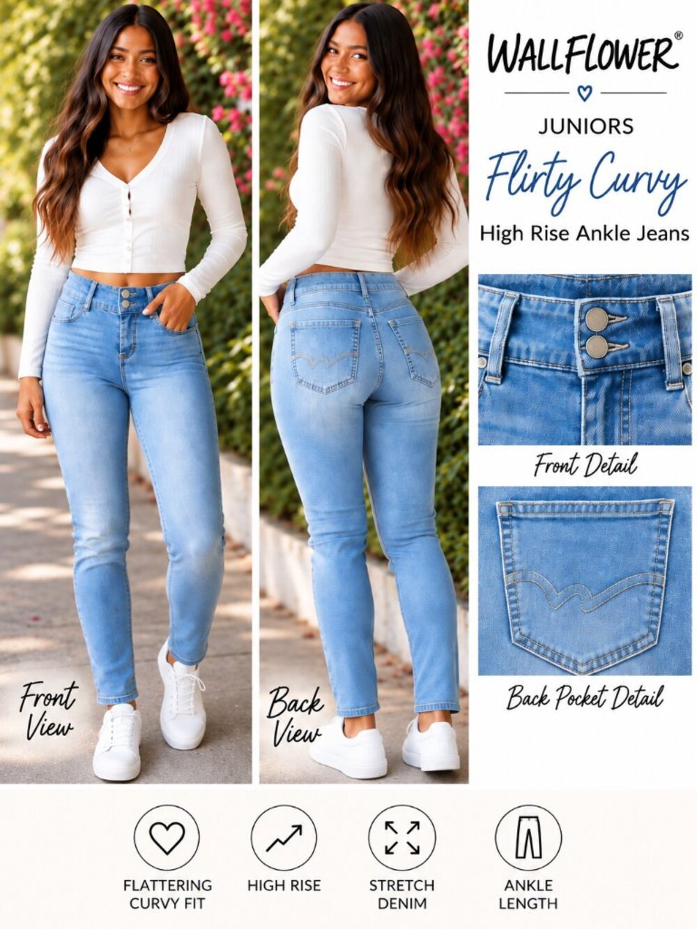 WALLFLOWER Juniors Flirty Curvy High Rise Ankle Jeans Stretch Denim - Size 0